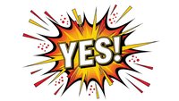 Comic book style explosion burst with YES text in bold letters surrounded by dynamic radiating lines and colorful starburst effects on white background.