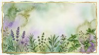 Watercolor botanical border with lavender herbs and wildflowers on textured paper background for natural organic design projects and wedding invitations.