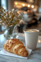 Fresh buttery croissant and latte with heart pattern foam art on marble table. Blurred flowers and warm cafe lights create cozy morning atmosphere.