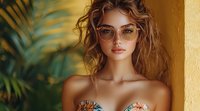 Young Caucasian woman with wavy hair and stylish glasses posing near yellow wall with tropical palm leaves, natural beauty portrait in warm sunlight with soft shadows.