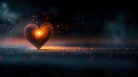 Glowing heart shape with magical sparkles and particles floating in dark space, creating romantic atmosphere against blurred background with bokeh effect.