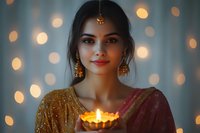 Young South Asian woman in traditional attire holding illuminated diya lamp during Diwali festival celebration with bokeh lights background creating magical atmosphere.