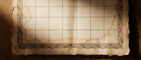 Aged parchment paper with ornate border and grid lines, vintage texture with brown stains and worn edges for antique document design.