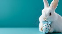 White bunny wearing blue polka dot bow tie next to matching Easter egg against turquoise background, creating festive spring holiday composition.