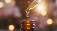 Golden essential oil drop falling from glass dropper into amber bottle against blurred bokeh background, capturing therapeutic aromatherapy moment.