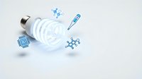 Energy-efficient compact fluorescent lightbulb with AI technology icons and molecular structures on white background for modern lighting solutions.