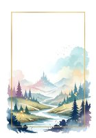 Watercolor mountain landscape with castle, river and pine trees in pastel colors on white background for greeting cards and wall art.