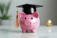 Pink piggy bank wearing a graduation cap on a marble surface, symbolizing education savings, student loans, and financial planning for college.