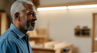 Senior African American male with gray beard wearing blue denim shirt in modern interior space. Mature professional man in casual work environment or home setting for lifestyle and business concepts.