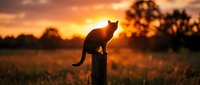 Cat silhouette perched on a wooden fence post against a vibrant orange and red sunset sky over a rural meadow.