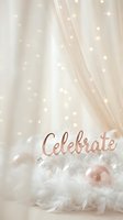 Rose gold Celebrate sign with pearl ornaments, white feathers, and bokeh fairy lights on soft cream draped fabric background.