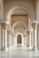 Ornate white marble corridor with Islamic architectural details featuring decorated arches, carved columns and geometric floor patterns. Elegant mosque interior.
