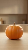 Fresh orange pumpkin on wooden kitchen counter with warm lighting and blurred background for autumn cooking and seasonal home decor projects.