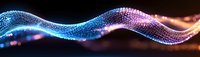 Abstract digital wave of glowing particles in blue and purple colors on dark background, futuristic technology concept for data visualization.