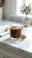 Glass mug of hot coffee with a wooden heart thank you tag on marble countertop, spoon and small potted plant in bright kitchen.