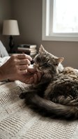 Elderly hands giving medication or supplement to a fluffy tabby cat resting on a cozy knit blanket indoors, pet care at home.