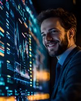 Caucasian male trader smiling at financial market data on digital screen with stock charts and graphs in dark office with blue technology lighting.