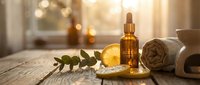Luxury spa wellness setup with essential oil dropper bottle, rolled towels, fresh herbs and warm golden sunlight creating relaxing aromatherapy atmosphere.