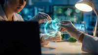 Female scientist examining holographic molecular structure in modern laboratory with digital technology interface for research and development.