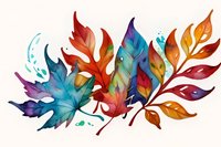 Vibrant autumn leaves in watercolor style featuring rich turquoise, purple, orange and red hues against white background, creating seasonal decorative composition.