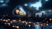 Digital cloud with glowing cryptocurrency coins floating above futuristic night cityscape with illuminated buildings and data streams, modern fintech concept.