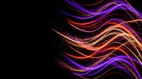 Abstract flowing light waves with purple orange gradient particles on black background for digital art and modern design projects.