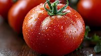 Fresh ripe tomato with water droplets on red skin and green stem, macro photography showing texture and natural freshness for food marketing.