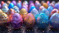 Colorful decorated Easter eggs with metallic patterns and glitter in rows on dark background. Festive holiday composition with vibrant blue, purple and gold ornate designs.