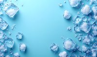 Refreshing ice cubes with water droplets scattered on bright blue background, creating cool frame with copy space for summer drinks or cooling concept.