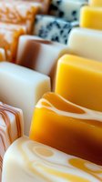 Colorful handmade soap bars in yellow, white, and orange with marbled patterns arranged closely together for artisanal bath products.