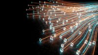 Digital data streams with glowing fiber optic cables and light particles flowing across dark background, representing network connectivity, technology infrastructure, and high-speed internet communication.