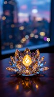 Crystal lotus flower candle holder glowing warmly on wooden surface with blurred city lights bokeh background creating peaceful meditation atmosphere.
