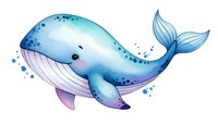 Cute watercolor whale with blue gradient colors and bubbles isolated on transparent background for children design and marine themed projects.