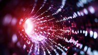 Glowing digital tunnel with binary code data stream and red light effects creating futuristic cyber technology background for tech concepts.