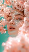 Dreamy spring portrait with glitter makeup and pink cherry blossoms against turquoise background, soft focus artistic beauty photography for cosmetic advertising.