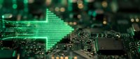 Green digital arrow pointing right on computer circuit board with glowing bokeh lights representing technology progress and data transfer direction.