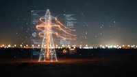 Digital power transmission tower with glowing orange energy lines and data interface elements against night cityscape for smart grid technology concepts.