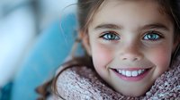 Close up portrait of young caucasian girl with bright blue eyes and genuine smile wearing cozy pink knit sweater against blurred background. Natural lighting highlights facial features.