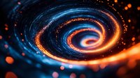 Cosmic spiral vortex with glowing blue and orange particles swirling in dark space, creating dynamic motion effect for astronomy and science backgrounds.