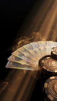 Golden tarot cards and casino chips with mystical smoke effects on dark background for gambling and fortune telling concepts.