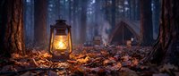 Vintage oil lantern glowing warmly among autumn leaves in forest campsite at dusk. Cozy outdoor adventure camping scene with tent in background.