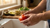Male hands rinsing fresh tomato under running water in kitchen sink with cutting board and vegetables in background, food preparation and cooking concept.