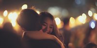 Young Asian woman embracing man with warm smile against golden bokeh lights background creating intimate romantic atmosphere for relationships content.