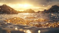Magical golden waves with glittering sparkles at sunset create dreamy atmosphere against mountain silhouettes, capturing ethereal light and motion in nature.