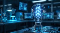 Glowing light bulb with blue energy network pattern inside on circuit board in modern tech laboratory background for innovation and technology concepts.