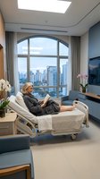 Middle-aged Caucasian woman patient reading book in modern hospital room with city skyline view through large arched window for healthcare and medical recovery concepts.