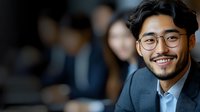 Young Asian businessman with glasses smiling confidently in modern office environment with colleagues in background for corporate presentations.