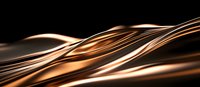 Flowing copper metallic waves create dynamic abstract background with smooth glossy curves and light reflections against dark backdrop. Suitable for luxury designs.