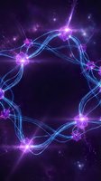 Futuristic neural network connections with glowing purple and blue energy streams in cosmic space background for technology and science concepts.