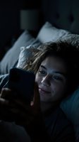 Woman with dark hair and medium skin tone lying in bed at night, using smartphone with blue light illuminating her face. Suitable for technology, sleep disruption, insomnia, and digital lifestyle concepts.